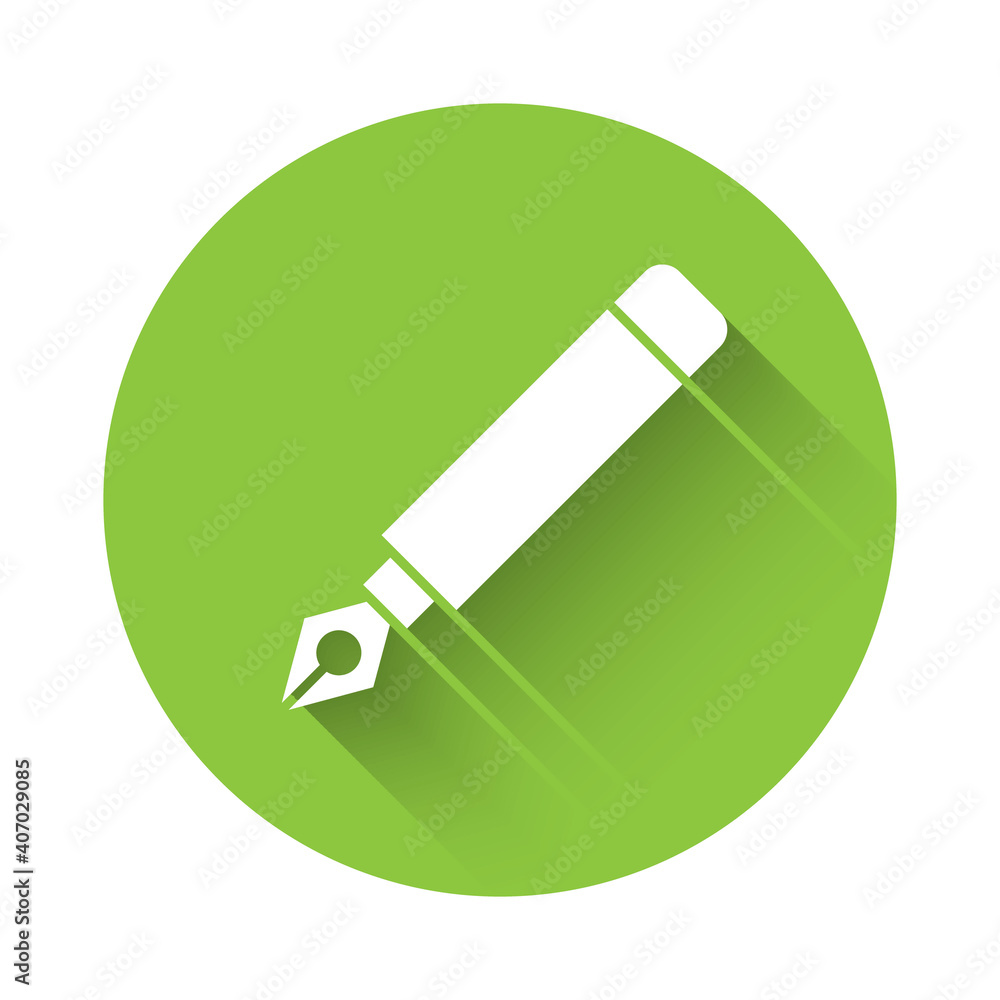White Fountain pen nib icon isolated with long shadow. Pen tool sign. Green circle button. Vector. White Fountain pen nib icon isolated with long shadow. Pen tool sign. Green circle button. Vector.