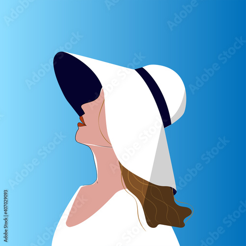 Young woman in a hat in a minimalist style. Vector modern illustration. Template design for decor, print, banners, social networks. Feminist art, women's rights