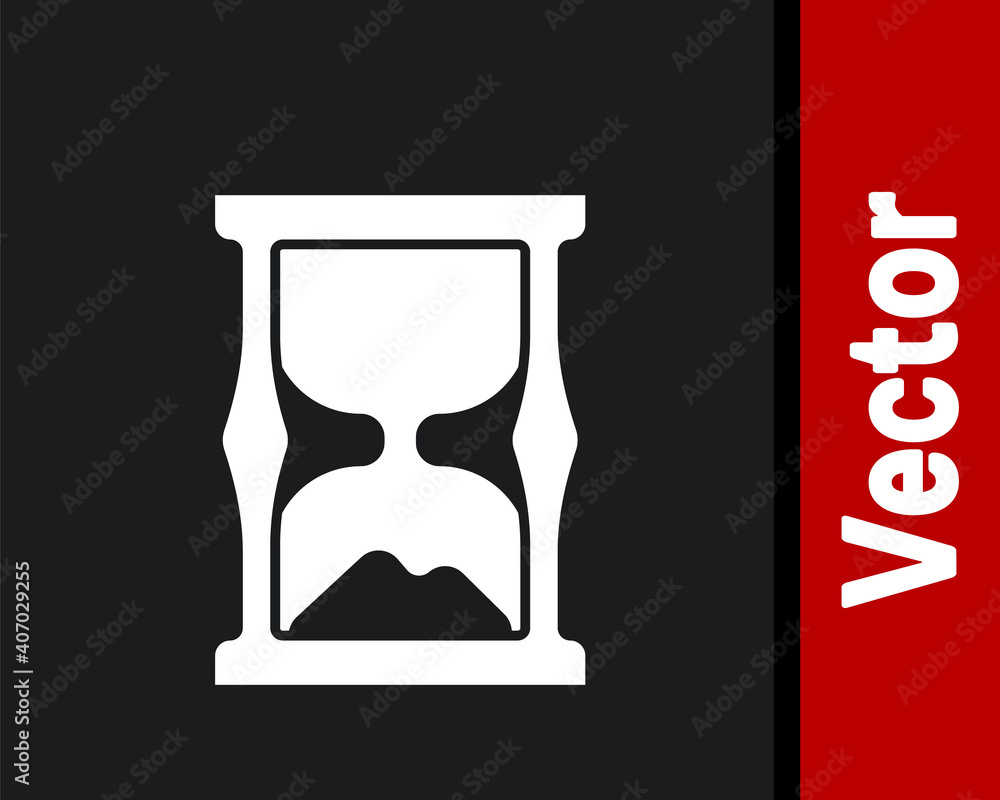 Fototapeta premium White Old hourglass with flowing sand icon isolated on black background. Sand clock sign. Business and time management concept. Vector.