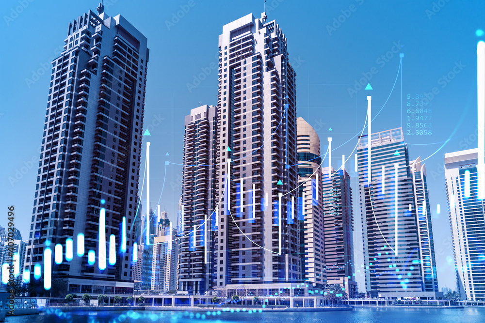 Obraz premium Skyscrapers of Dubai business downtown. International hub of trading and financial services of Western Asia. FOREX graph and chart concept. Double exposure. Dubai Canal waterfront.