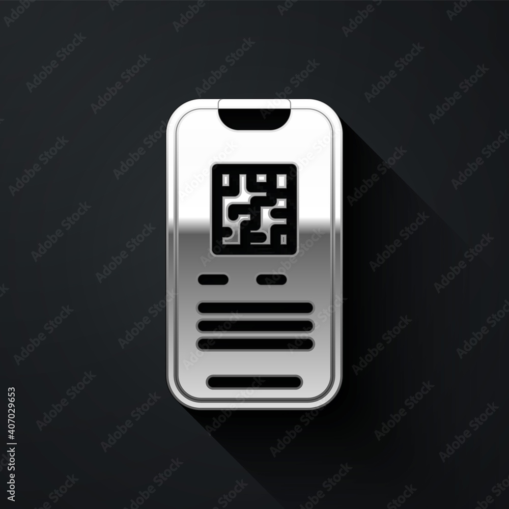 Silver Online ticket booking and buying app interface icon isolated on black background. E-tickets ordering. Electronic train ticket on screen. Long shadow style. Vector.