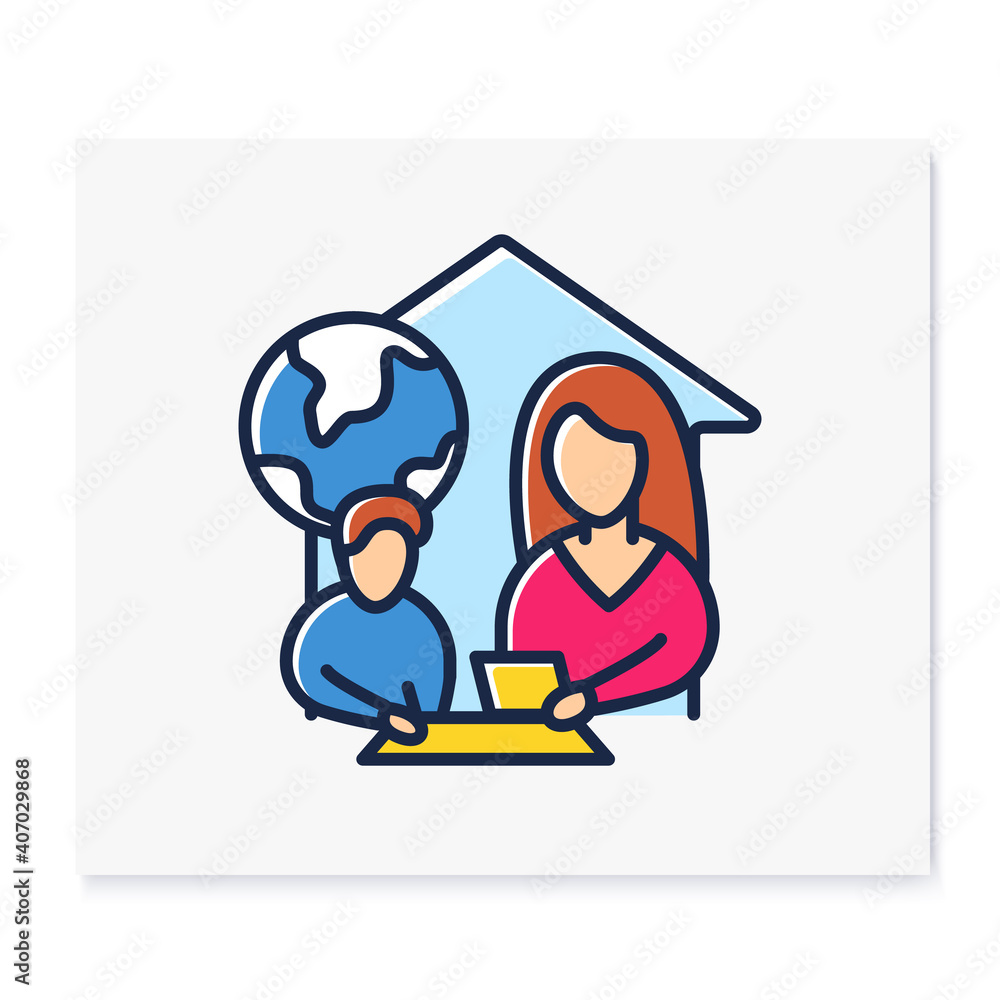 Geography lesson color line icon. Child teaches geographics with mother. Home education concept. Distant remote teaching and homeschooling. Isolated vector illustration Geography lesson color line icon. Child teaches geographics with mother. Home education concept. Distant remote teaching and homeschooling. Isolated vector illustration