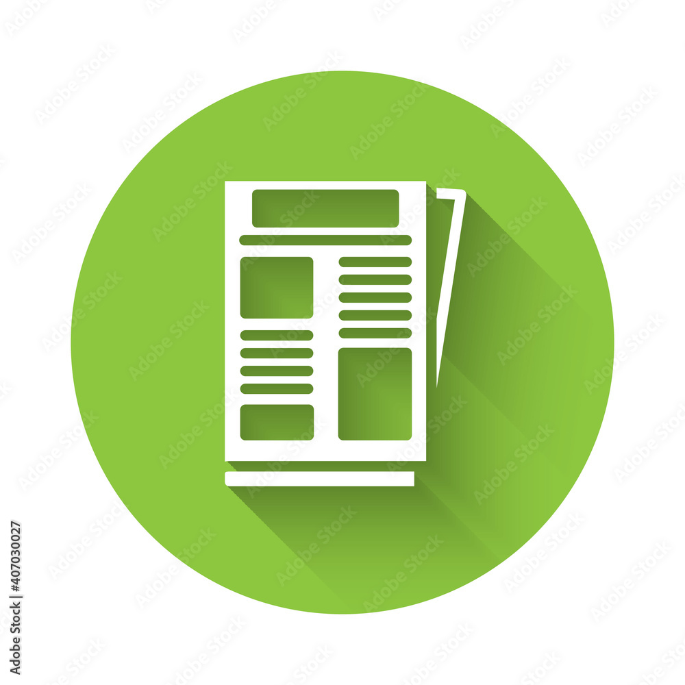 White News icon isolated with long shadow. Newspaper sign. Mass media symbol. Green circle button. Vector. White News icon isolated with long shadow. Newspaper sign. Mass media symbol. Green circle button. Vector.