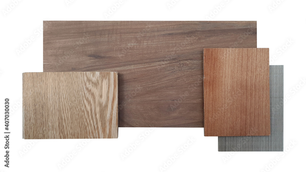 matching colors and textures of interior wooden material including oak engineer flooring ,grey ash and red douglas fir veneer ,brown walnut laminated samples isolated on white background.