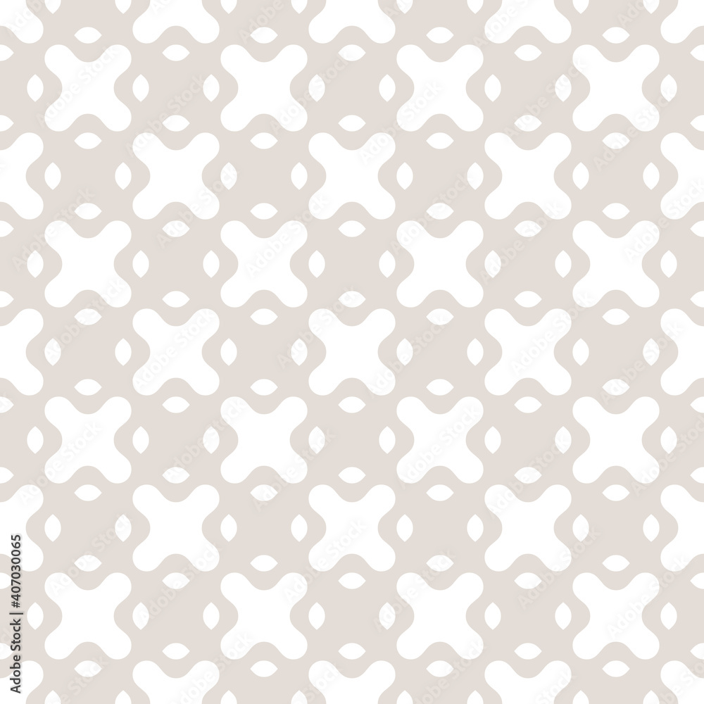 Subtle vector seamless pattern with curved shapes, crosses, mesh, grid. Abstract geometric background. Simple minimal texture in beige and white color. Repeat design for decor, print, wallpaper, linen