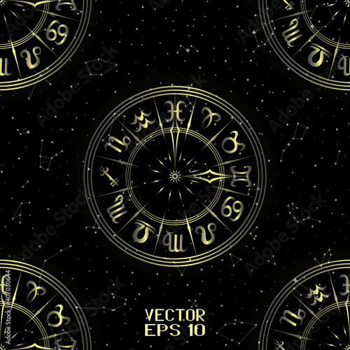 Abstract Black and Golden Seamless Pattern with Frame of Zodiac Signs. Horoscope Symbol. Hemisphere Sky Map. Bright Constellations on Starry Night Background. Vector Illustration