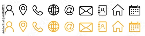 Contact icons collection. Contact us set in outline style. Avatar, location, phone and website symbol.  Mail envelope and calendar sign. Contact collection. Vector illustration. EPS 10.