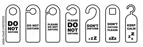 Do not disturb. Outline don't disturb label. Busy tag in hotel. Do not disturb hanging banner. Private message warn. Door tag in black. Busy symbol set. Vector illustration. EPS 10.