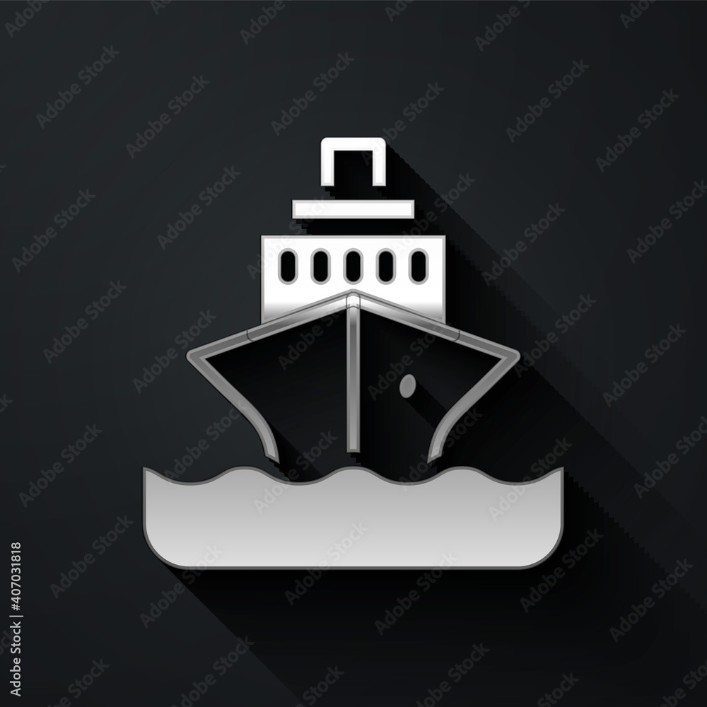 Silver Cruise ship icon isolated on black background. Travel tourism nautical transport. Voyage passenger ship, cruise liner. Worldwide cruise. Long shadow style. Vector. Silver Cruise ship icon isolated on black background. Travel tourism nautical transport. Voyage passenger ship, cruise liner. Worldwide cruise. Long shadow style. Vector.