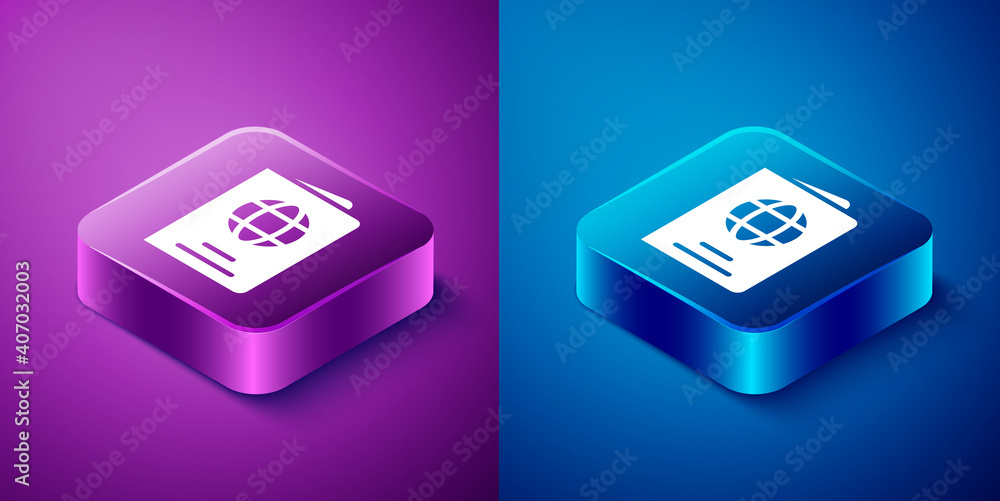 Isometric Passport with biometric data icon isolated on blue and purple background. Identification Document. Square button. Vector. Isometric Passport with biometric data icon isolated on blue and purple background. Identification Document. Square button. Vector.