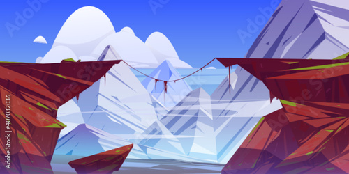 Mountain landscape with precipice in rocks and snow peaks on background. Vector cartoon illustration of abyss between cliffs. Dangerous rocky crack, chasm or canyon divides stone ledge