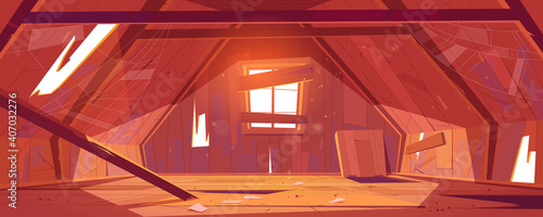 Abandoned house attic interior, empty old mansard room, spacious place with holes and spider web on roof with beams, wood floor, boarded up window, architecture, dwelling. Cartoon vector illustration