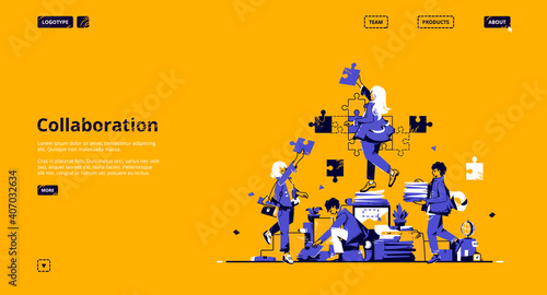 Collaboration and teamwork landing page. Concept of partnership, support and communication in business. Vector flat illustration with people assembling jigsaw with puzzle pieces together