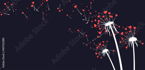 Dandelion flower with flying heart shape seeds.