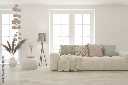 White living room with sofa. Scandinavian interior design. 3D illustration