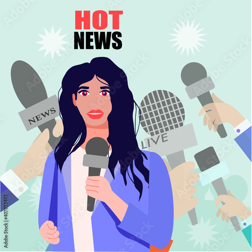 Journalist Pretty young woman with microphone reports news.