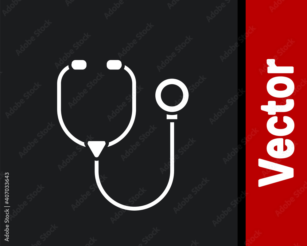 White Stethoscope medical instrument icon isolated on black background. Vector. White Stethoscope medical instrument icon isolated on black background. Vector.