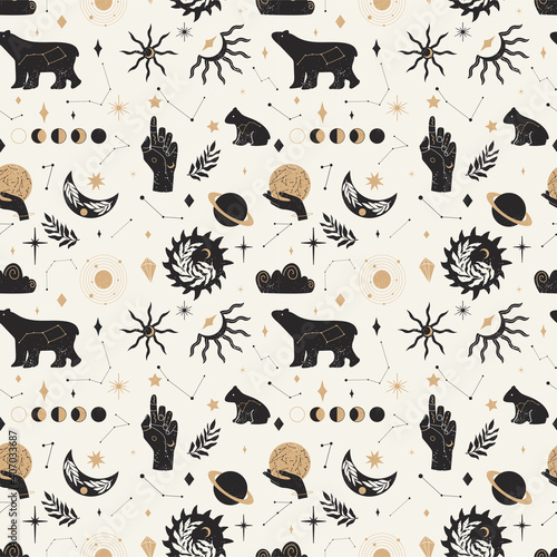 Seamless pattern of Mystical and Astrology objects in boho style. Vector illustration.