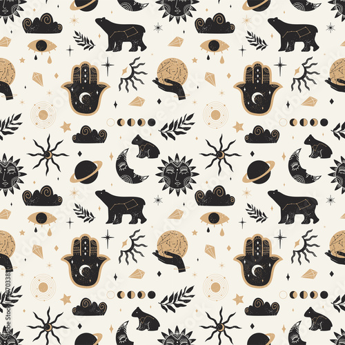 Seamless pattern of Mystical and Astrology objects in boho style. Trendy vector illustration.