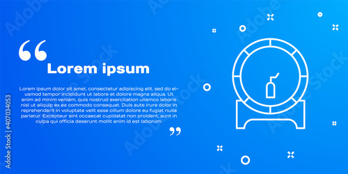 White line Wooden barrel on rack with stopcock icon isolated on blue background. Vector Illustration.