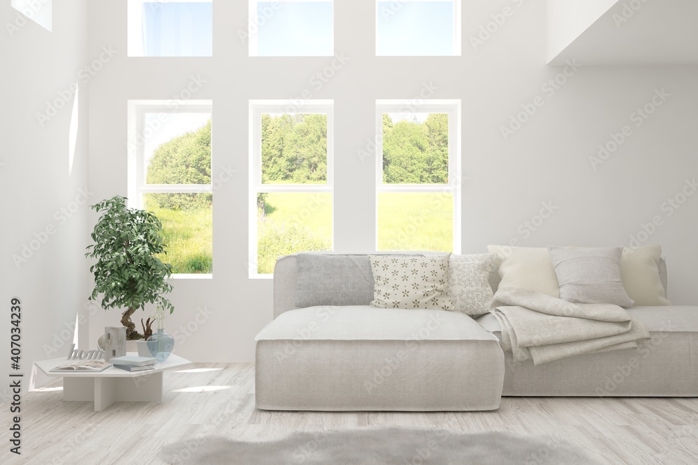 White living room with sofa and summer landscape in window. Scandinavian interior design. 3D illustration White living room with sofa and summer landscape in window. Scandinavian interior design. 3D illustration