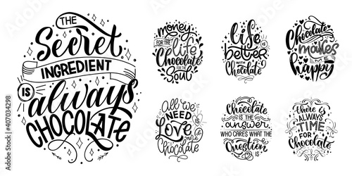 Chocolate hand lettering quotes set. Warm winter word composition. Vector design elements for t-shirts, bags, posters, cards, stickers and menu