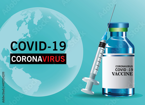 covid19 virus vaccine lettering with vial bottle and injection
