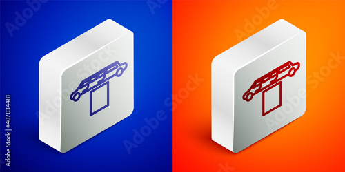 Isometric line Luxury limousine car and carpet icon isolated on blue and orange background. For world premiere celebrities and guests poster. Silver square button. Vector Illustration.