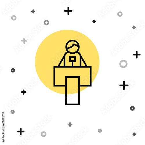 Black line Stage stand or debate podium rostrum icon isolated on white background. Conference speech tribune. Random dynamic shapes. Vector.