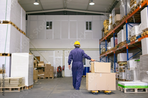 Senior logistic worker in hardhat and uniform walking in warehouse, wheeling palette jack. Back view, full length. Labor and logistics concept photo