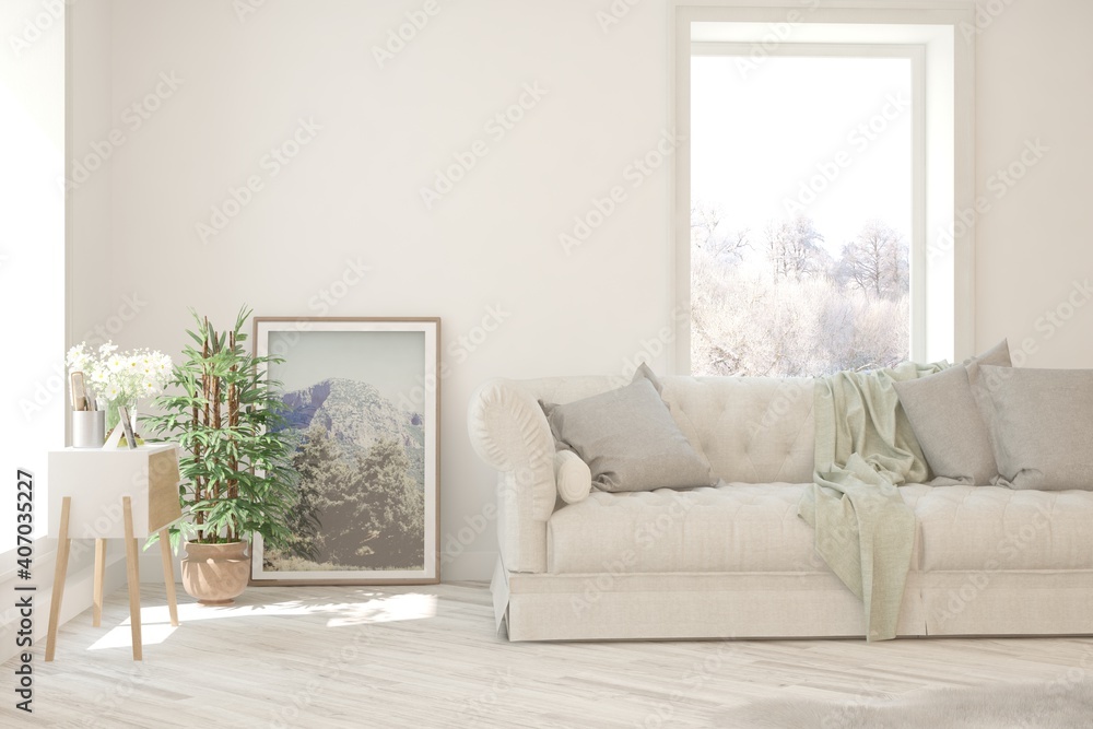 White living room with sofa. Scandinavian interior design. 3D illustration White living room with sofa. Scandinavian interior design. 3D illustration