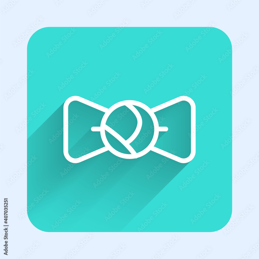 White line Bow tie icon isolated with long shadow. Green square button. Vector. White line Bow tie icon isolated with long shadow. Green square button. Vector.