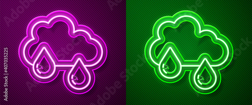 Glowing neon line Cloud with rain icon isolated on purple and green background. Rain cloud precipitation with rain drops. Vector.