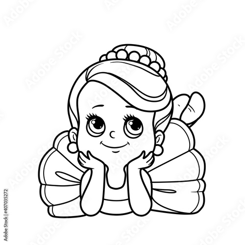 Beautiful ballerina girl in tutu lie on floor outlined for coloring isolated on a white background