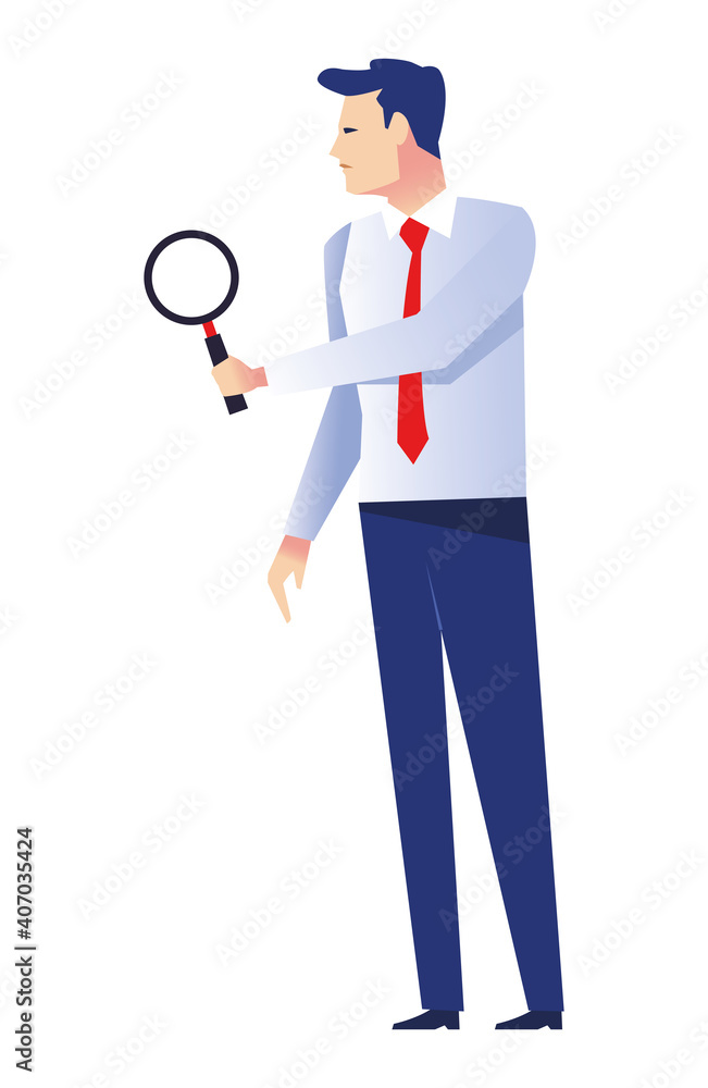 elegant businessman worker with magnifying glass character elegant businessman worker with magnifying glass character