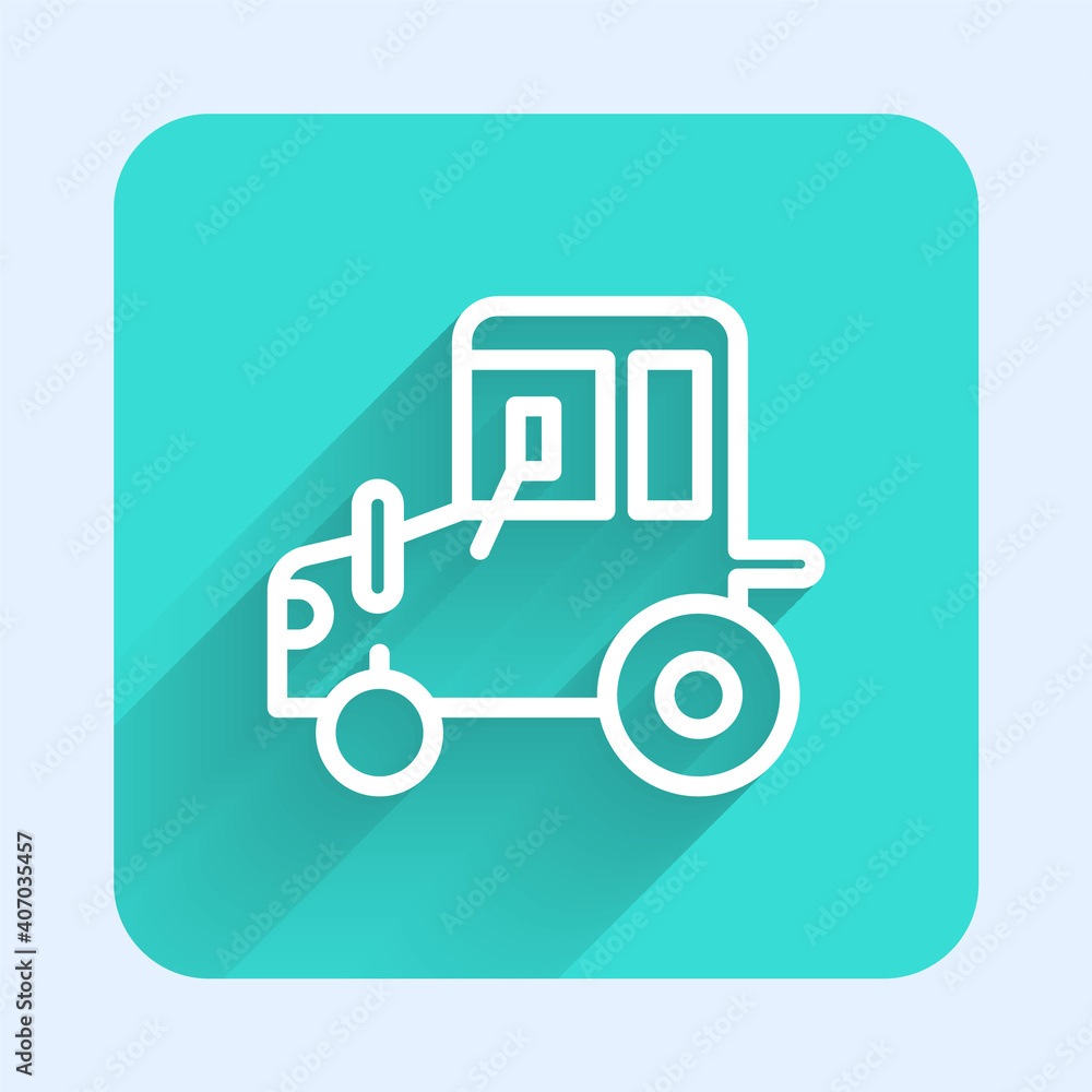 White line Tractor icon isolated with long shadow. Green square button. Vector. White line Tractor icon isolated with long shadow. Green square button. Vector.