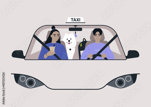A front view of a taxi cab, a driver and a passenger on a front seat with a dog on a backseat, urban lifestyle
