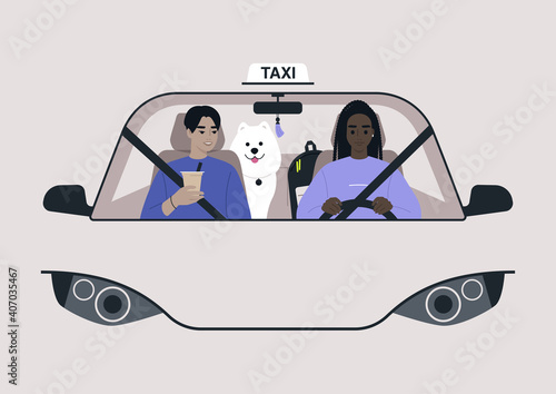A front view of a taxi cab, a driver and a passenger on a front seat with a dog on a backseat, urban lifestyle