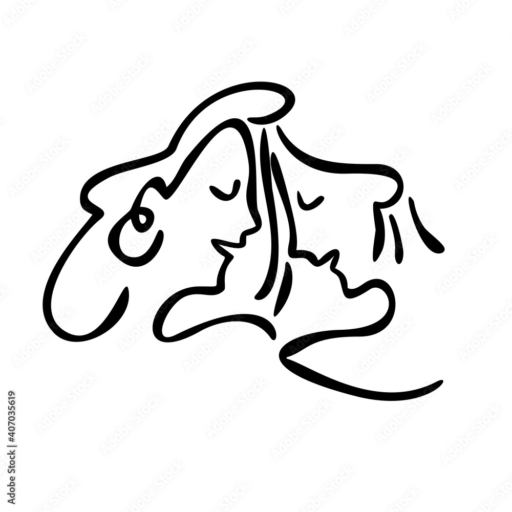 A happy couple of girls in love. Drawing a contour line. Two heads in profile. design for a holiday greeting card. Mother's Day. Valentine's Day A happy couple of girls in love. Drawing a contour line. Two heads in profile. design for a holiday greeting card. Mother's Day. Valentine's Day