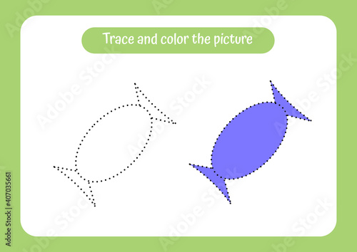 Sweet. Trace and color the picture. Educational game for children. Handwriting and drawing practice. Food theme activity for toddlers, kids.