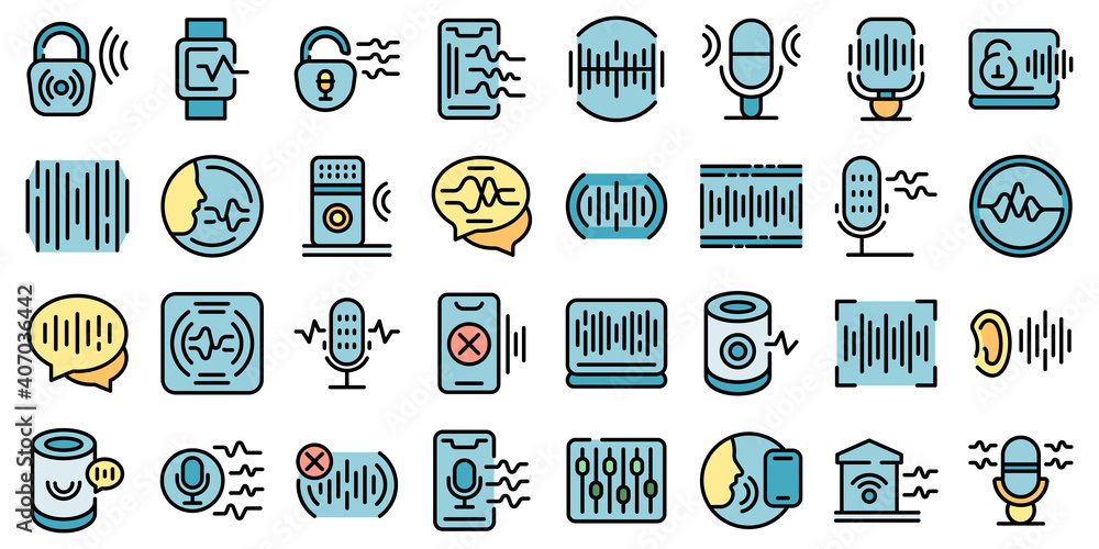 Speech recognition icons set. Outline set of speech recognition vector icons thin line color flat on white Speech recognition icons set. Outline set of speech recognition vector icons thin line color flat on white