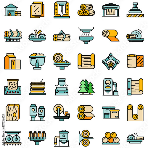 Paper production icons set. Outline set of paper production vector icons thin line color flat on white