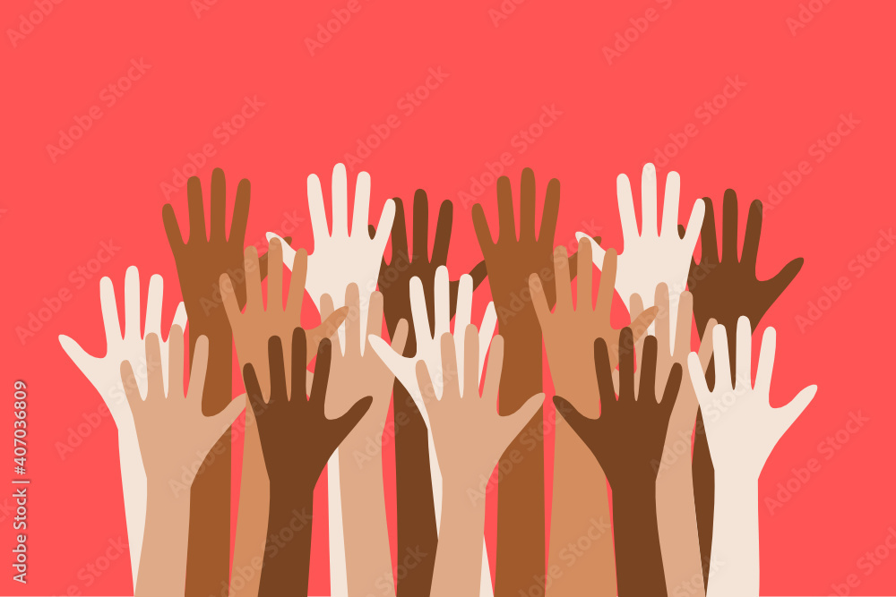 Diversity concept. Different color hands in the air
