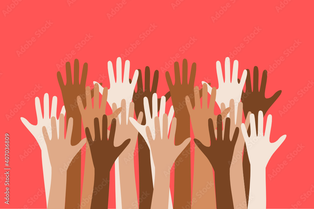 Diversity concept. Different color hands in the air
Diversity concept. Different color hands in the air