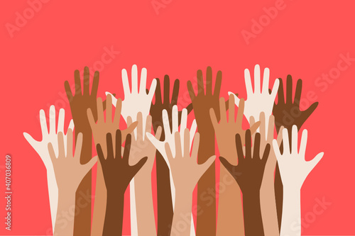 Diversity concept. Different color hands in the air
