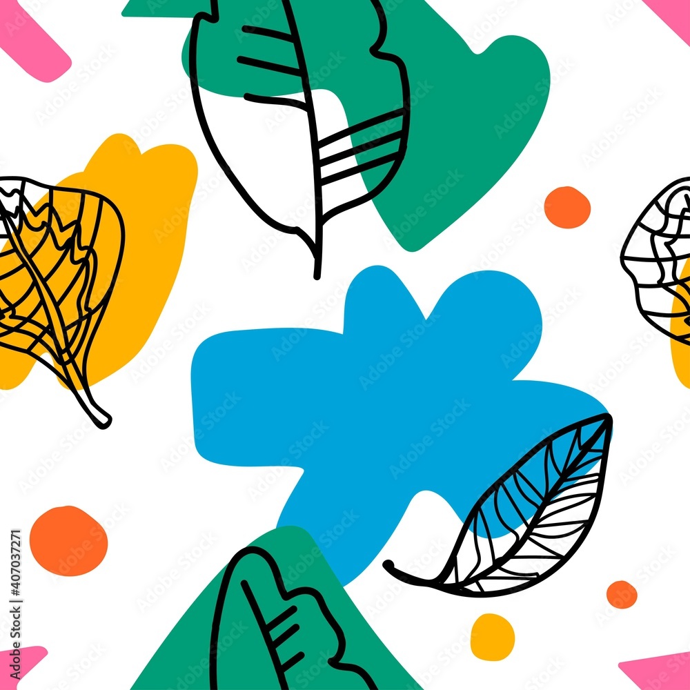 Seamless vector pattern with tropical leaves in bright shapes.Print with plants and abstract hand drawn spots in trendy colors.Designs for textiles,wallpaper,social media,web,packaging,wrapping paper. Seamless vector pattern with tropical leaves in bright shapes.Print with plants and abstract hand drawn spots in trendy colors.Designs for textiles,wallpaper,social media,web,packaging,wrapping paper.