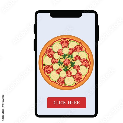 Online pizza delivery with black phone and vegetarian pizza.