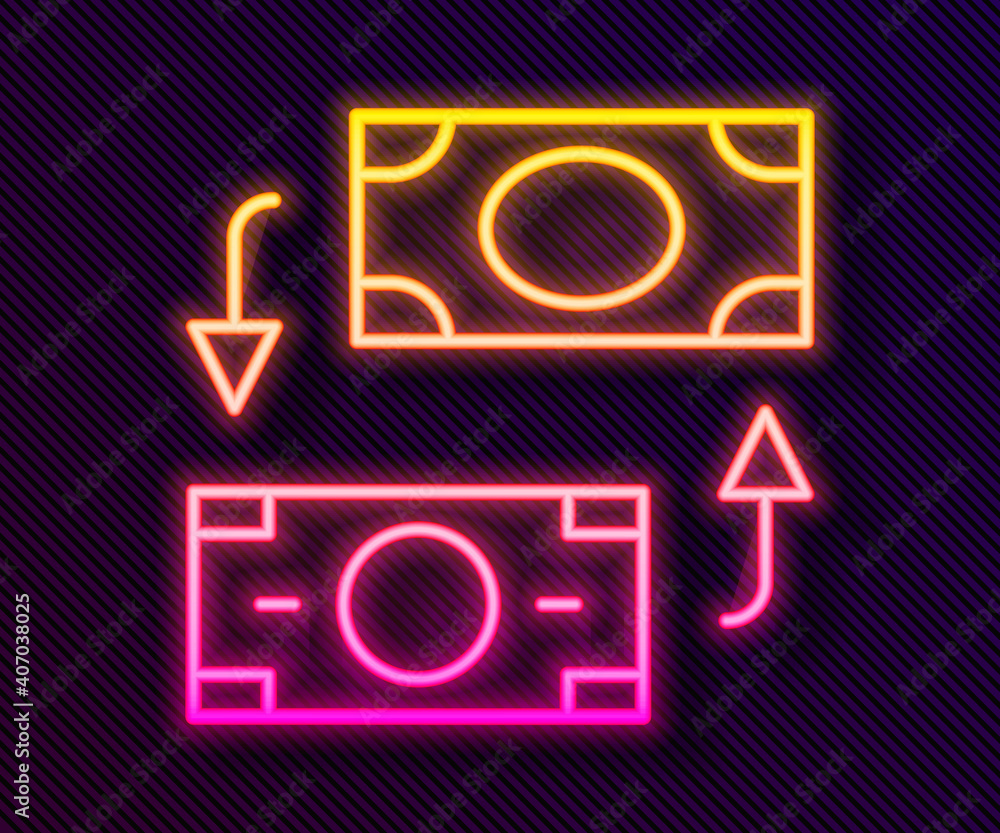Glowing neon line Money exchange icon isolated on black background. Cash transfer symbol. Banking currency sign. Vector. Glowing neon line Money exchange icon isolated on black background. Cash transfer symbol. Banking currency sign. Vector.