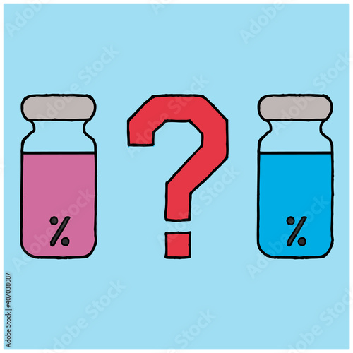 Two vials of medicine, vaccine, question mark between vials. Competition, discussion between coronavirus vaccine manufacturers. 