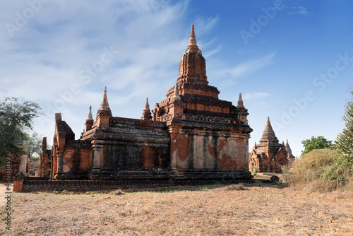 view to the ruins at the valley of Bagan with its ancient buddhist pagodas  Myanmar  Burma  